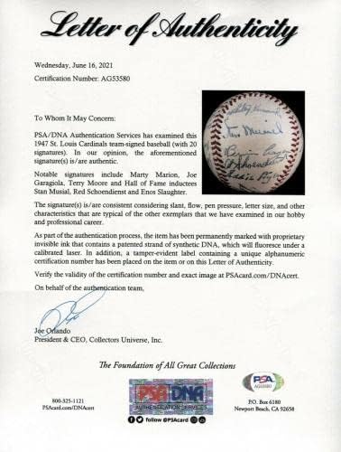 1947 Отборът на Сейнт Луис Кардиналс е Подписала бейзболен договор с Стэном Музиалом PSA DNA & JSA COA - Бейзболни топки с автографи