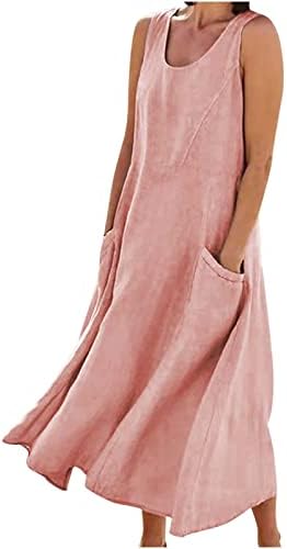 Дамски ленени рокли BRKEWI без ръкави, от колекцията на Моранди 2022, Трапециевидное Расклешенное Ленено рокля-риза с кръгло деколте и джобове