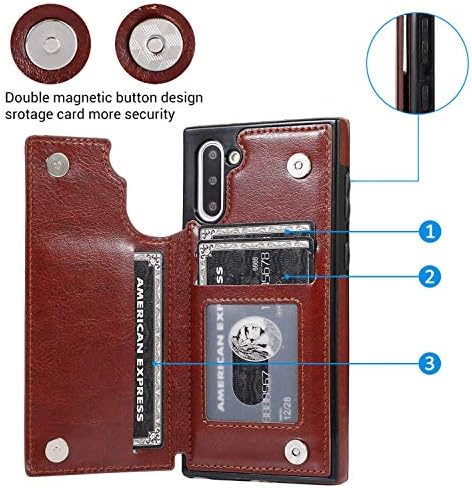 Кожен калъф S-Tech Note 10 с отделение за магнитни карти, Поставка за портфейл за Samsung Galaxy Note (кафяв, Note 10)