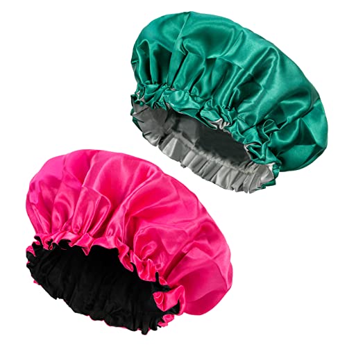 2 Опаковки Сатен Шапка, Копринени шапка, Шапка за коса за сън, Двупластова Двустранен Сатен шапчица за сън, Много Голяма Двупластова дамски шапка премиум-клас (Зелен