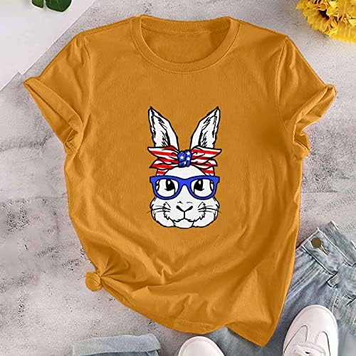 Великден Тениска с Принтом Забавни Очила във формата на Зайче за Жени, Свободни от Ежедневните Празнични Ризи с Кръгло Деколте и Къс Ръкав, Графични Тениски