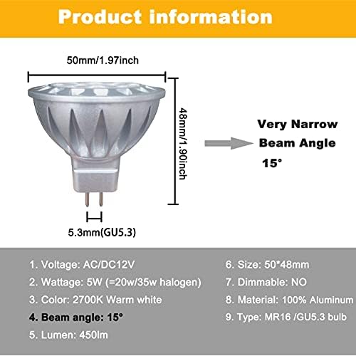 Led лампи ALIDE MR16 с тесен ъгъл на лъча 15 градуса по целзий (15 °), галогенный еквивалент на GU5.3 MR16 20 W-35 W,