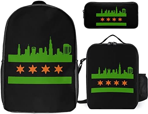 Чикаго Флаг Skyline Напитки, 3 Предмет, Комбиниран Набор от Раници, Чанти-Тоут за Обяд на Едно Рамо, Преносим Калъф за