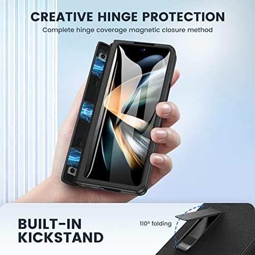 Калъф-поставка Ruky за Samsung Galaxy Z Fold 4 със защита на панти, свалящ се капак-притежател на S Pen и вградена защитно фолио за екрана, Защитен калъф за Samsung Galaxy Z Fold 4 5G, черен