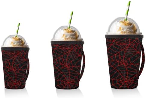 Хелоуин Spider Web Red 14 многократна употреба Кафе ръкав с лед с дръжка От Неопрен за Напитки, кафе лате, Чай, Напитки, Бира (Голям 30-32 унция)