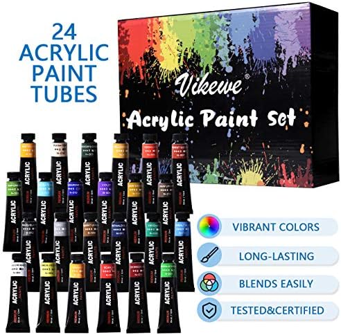 Комплект акрилни бои VIKEWE, професионален комплект за рисуване от 48 теми, включва 24 Акрилни бои, 16 бр Четки с футляром,