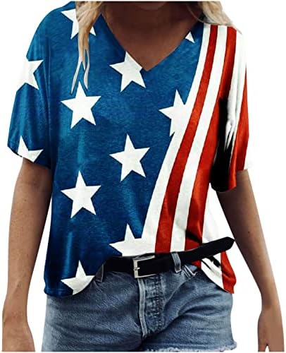 Тениска с Американския Флаг, Дамски Тениски на САЩ в Звездната Ивица на Четвърти Юли, Ежедневни Тениски с Американския Свободен V-образно деколте и Принтом, Върхове
