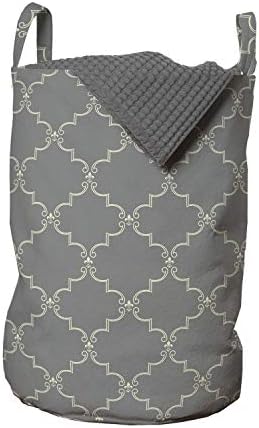 Чанта за дрехи Ambesonne Дамасского Сив цвят с Повторение на източен Орнамент във формата на Абстрактни Решетки, Кошница за дрехи с дръжки, закрывающаяся на шнур, за пра