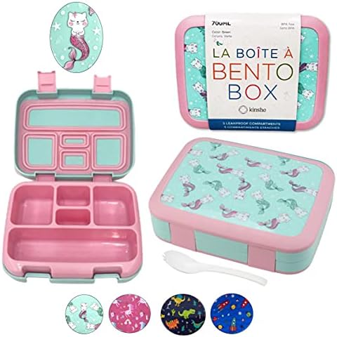 Комплект обяд кутии Kinsho Bento за малки деца, на 5 порции, на възраст от 3 до 7 години (Aqua Cat Mermaid) + Раница