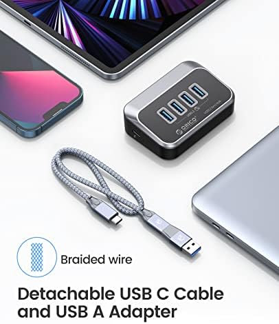 USB-хъб ORICO 10 gbps с 4 порта USB A, хъб USB 3.2 Gen 2 с кабел USB-C дължина 1,64 метра и USB-адаптер, USB Сплитер USB за iMac, всички MacBook, Mac Mini-Пластмасова версия