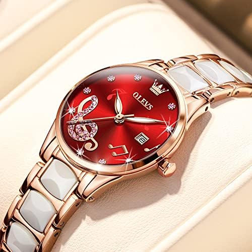 Дамски часовници OLEVS от Розово Злато, два цвята Моден Бели Керамични Дамски Часовник с Розов/Червен Циферблат от Неръждаема