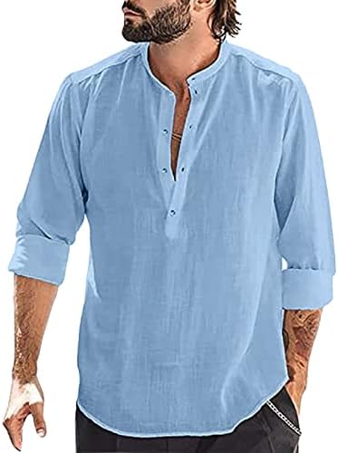 Летни Тениски Мъжки Мъжка Риза Свободно Намаляване С висока яка памучен Бельо Риза с Дълъг Ръкав Боди Яка
