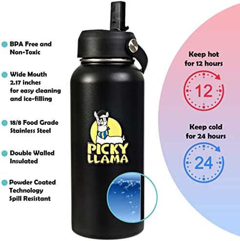 Спортна бутилка за вода PICKY LLAMA - 32 грама, 2 Капачки (соломинка и чучур), дръжка от паракорда, Запечатани, Неръждаема
