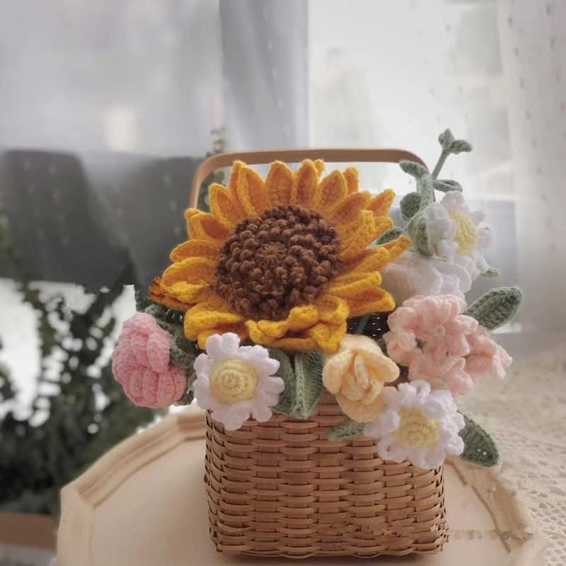 WENLII Букет от Слънчогледи ръчно изработени Смесена Кошница на Готови цветя от вълна Креативен Подарък за Деня на учителя