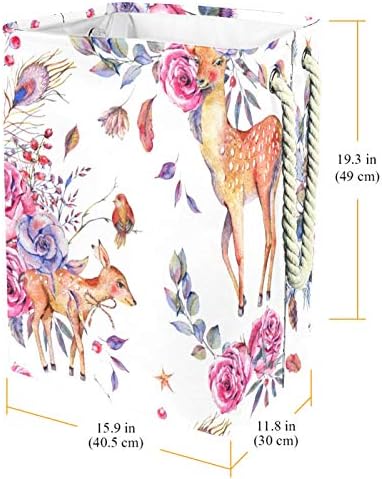Количка за бельо с ръчно Рисувани Петнист Елен Рози Цвете Сгъваема Кошница за съхранение на бельо с Дръжки Подвижни Скоби