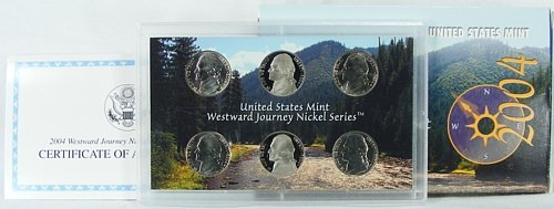 Набор от никелови монети от серията на PDS Westward Journey 2004 г. съобщение, в оригиналната кутия с никелово покритие COA и без да се позовават на Монетния двор на САЩ