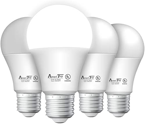 Крушка AmeriTop от здрач до зори - 4 бр., led сензорни лампи A19; Посочени в UL, автоматично включване / изключване, 800 Лумена, 9 W (еквивалент на 60 W), Цокъл E26, Лампа на вътрешното /