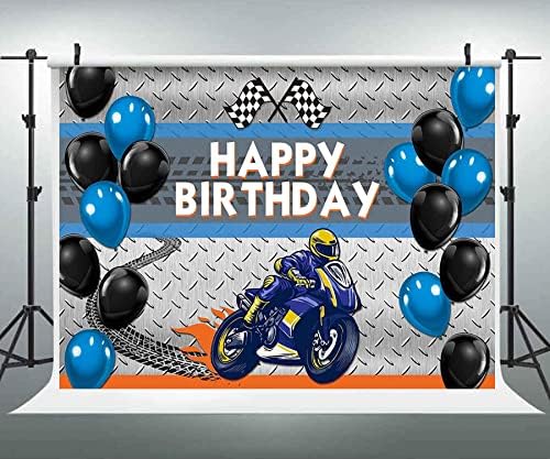 На фона на партито в чест на рождения Ден на Мотокрос за момчета, Черни и сини балони, Украса на Мотоциклет, Банер на тема рожден Ден, на Фона на състезателни гуми на ?