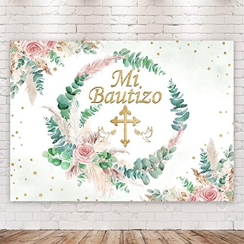 Riyidecor Mi Bautizo Банер Знак Фон Кръщение, Бог да Благослови Първото Свето Причастие Бохо Розово Пампасный Цвете 7Wx5H