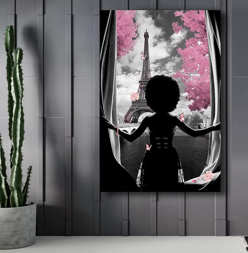 Афроамериканское Стенно Изкуство Черна Момиче на Розови Цветя Отпечатъци върху Платно Модерна Черно-бяло Стенно Изкуство,