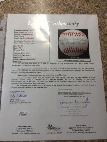 Чарлз Леонард Герингер, Механичен Човек, Подписан Бейсбольным името на JSA LOA - Бейзболни топки С Автографи
