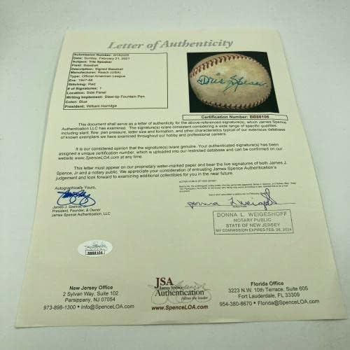 Страхотен сингъл Tris Speaker С Автограф от Официален Представител на Американската лига бейзбол JSA COA - Бейзболни