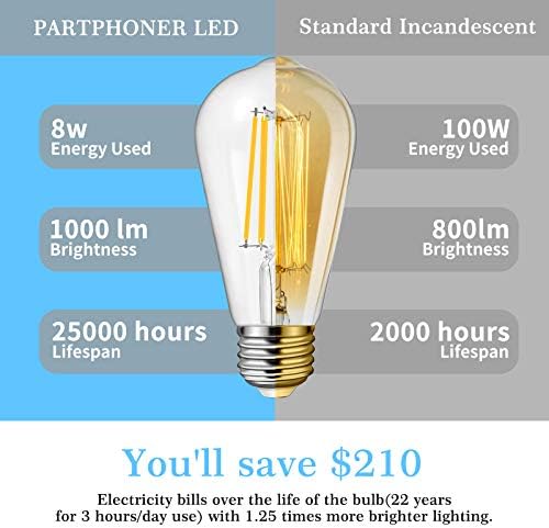 6 X led лампи Edison мощност 8 W, с регулируема яркост, което е еквивалента на 100 W, Реколта led лампи с нажежаема жичка