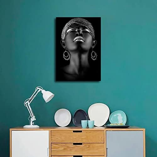Съвременно афроамериканское Изкуство Платно Стенно Изкуство Сребрист Черен Женски Портрет Платно Плакат на Платното за