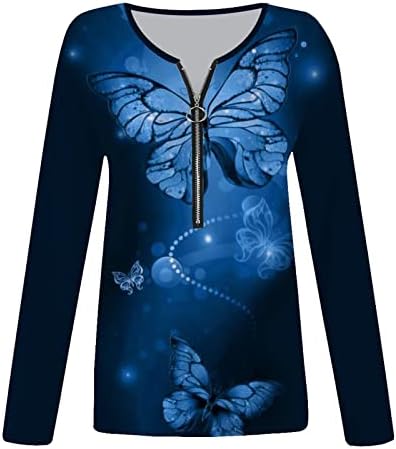 Дамски Пуловер с цип с V Образно деколте и Дълъг Ръкав, Потници, Модерни Ежедневни Блузи с 3D Принтом Пеперуди, Скъпа
