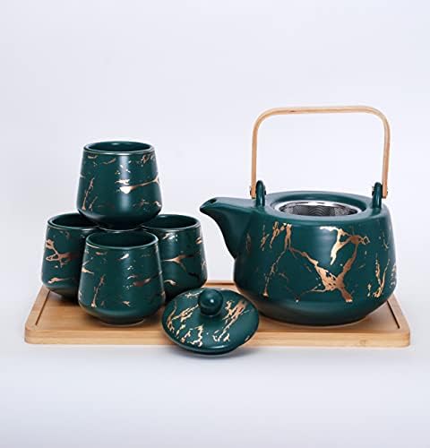 Комплект за сервиране на чай с Мраморен дизайн Fuji Merchandise, Дървен Поднос, Керамичен Чайник обем 37 течни унции
