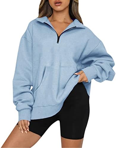 KUAILEYA дамски пуловер големи ежедневни блузи за жени, половината от мълния пуловер hoody с дълъг ръкав четвърт с цип,